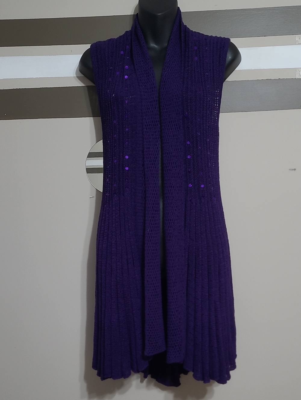 ESHA DESIGN Vtg Purple Slvless Crochet Knit Open Front Sequin Duster Cardi Sz LG